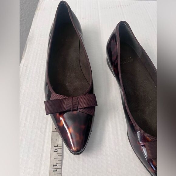 Stuart Weitzman Patent Leather Pointed Toe Tortoise Flats with bow 10 narrow - Picture 10 of 16